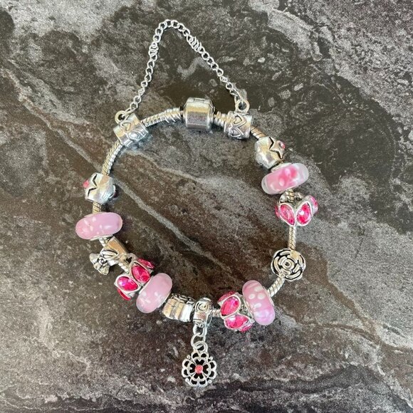 Murano Glass Pink Crystal Charm Bracelet 7.5" with Crystals From Swarovski - Picture 8 of 8
